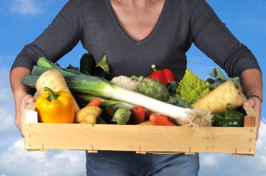 Sebze sandığı taşıyan bir kadın. 