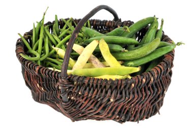 Hasır sepetin içinde sebze çeşitleri. Beyaz arka planda yakın plan. 