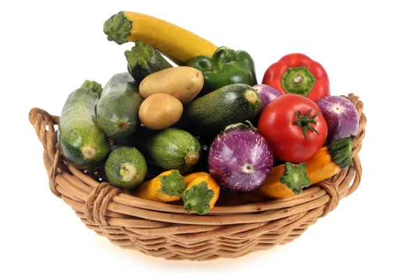 Assortment Vegetables Wicker Basket Close White Backgroun — Stock Photo, Image