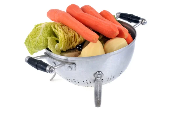 Colander Raw Vegetables Close White Background — Stock Photo, Image