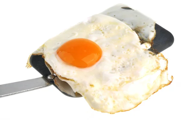 Mutfak Spatulasında Yumurta Beyaz Arka Planda Yakın Plan — Stok fotoğraf