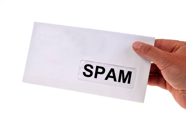Spam Concept Letter Hand Close White Background — Stock Photo, Image