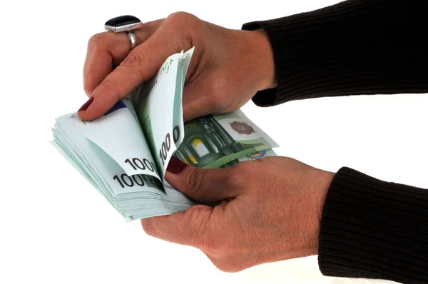 Honderd Eurobankbiljetten Tellen Zijn Handen Sluit Witte Achtergrond — Stockfoto