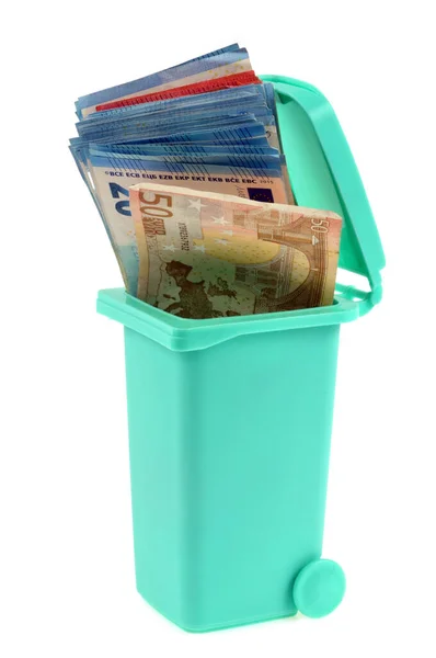Garbage Can Filled Euro Banknotes Close — Stock Photo, Image