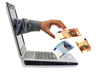 Çevrimiçi bankacılık kavramı ve bilgisayar ekranından gelen banknotlar.