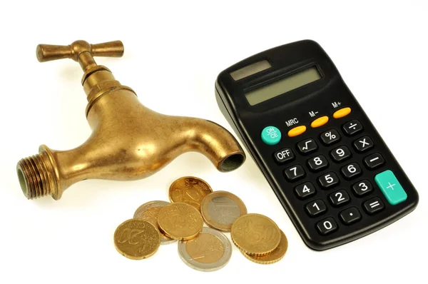 Water Bill Concept Tap Next Calculator Coins White Background — Stock Photo, Image