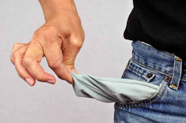 Poverty Concept Woman Showing Empty Pocket Her Jeans — Stock Photo, Image