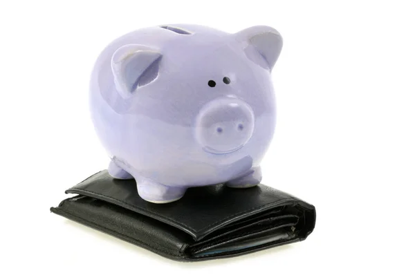 Piggy Bank Uma Carteira Close Fundo Branco — Fotografia de Stock