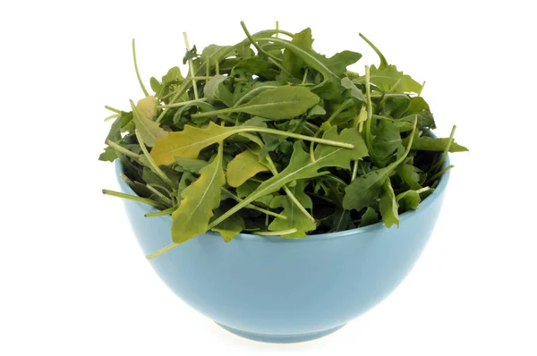 Bowl Arugula Közelkép Fehér Háttér — Stock Fotó