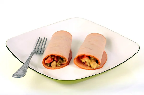 Rolled Macedonian Vegetable Ham Mayonnaise Plate Närbild Vit Bakgrund — Stockfoto