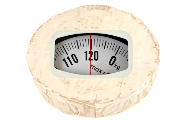 Camembert Scale Concept Close White Background — Stock Photo, Image