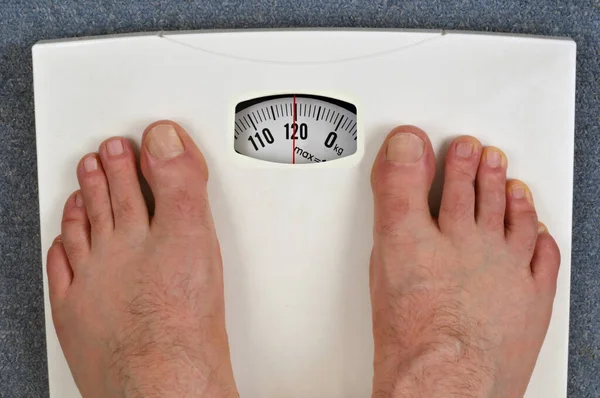 Feet Man Bathroom Scale Weighing 120 Kilos — Stock Photo, Image