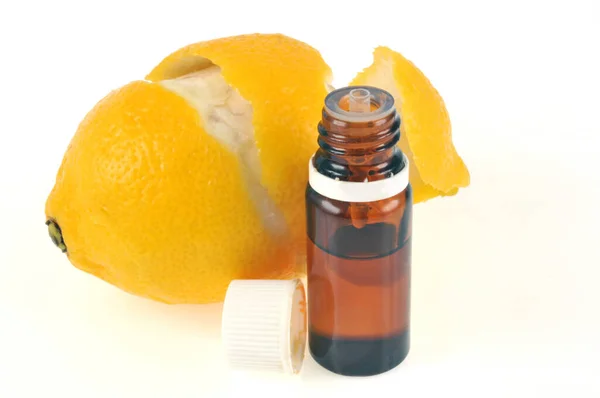 Bottle Lemon Essential Oil Close White Background — Stock Photo, Image