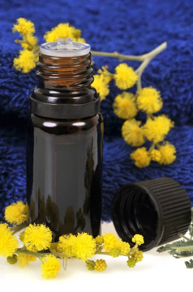 Eine Flasche Ätherisches Aus Mimosen Nahaufnahme Neben Einem Badetuch — Stockfoto