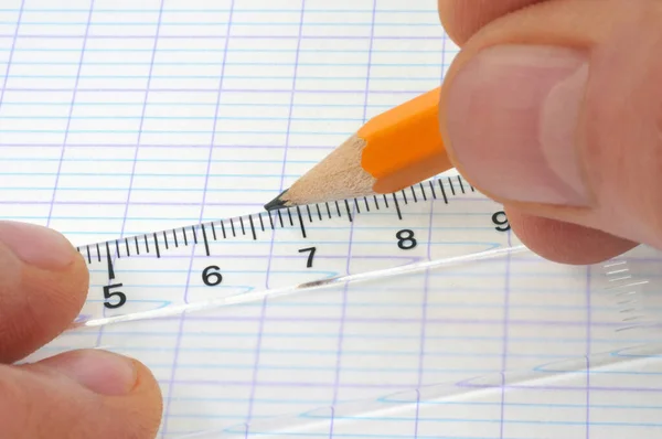 Draw Line Sheet Paper Pencil Graduated Ruler Close — Stock Photo, Image