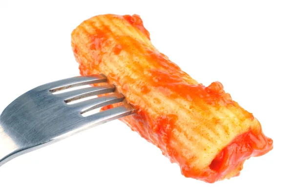 Cannelloni Stitched Fork Close White Background — Stock Photo, Image