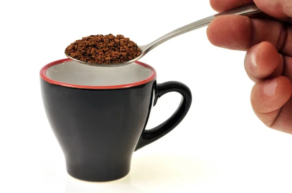 Mettre Une Cuillère Café Lyophilisé Dans Une Tasse Gros Plan — Photo