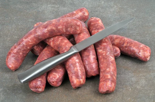 Raw Sausages Knife Close — Stock Photo, Image
