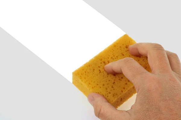 Concept Cleaning White Surface Sponge Hand Close — Stock Photo, Image