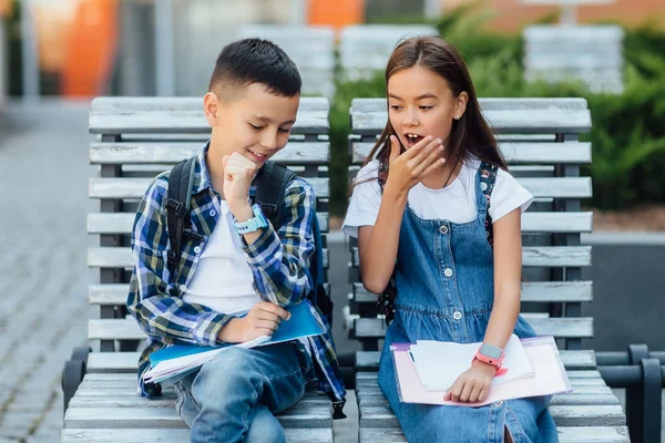 Little Boy Girl Smart Watches Outdoors Selective Focus — 스톡 사진