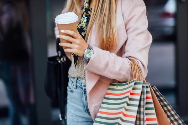 Beautiful Young Blonde Woman Shopping Bags Selective Focus — 스톡 사진