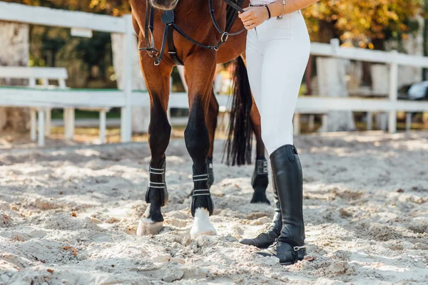 白い制服を着た馬とライダーの足のクローズアップ 選択的な焦点 — ストック写真