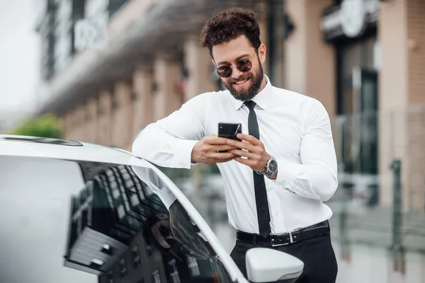 Handsome Young Businessman New White Car Selective Focus — Stock Photo, Image