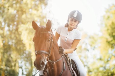 Kahverengi atlı genç bir kadın, seçici odaklı.