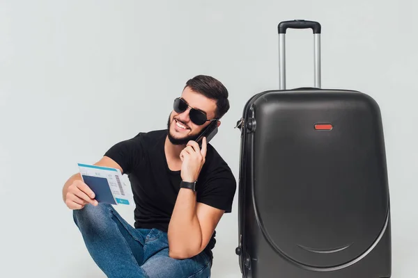 Full Length Profile Shot Tourist Passport Sit Suitcase Speaking Phone — 스톡 사진