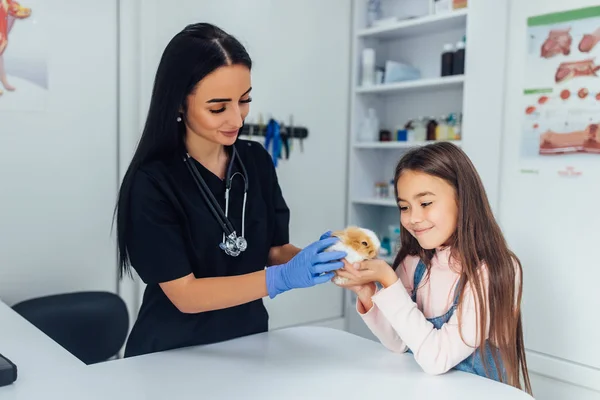 Doctor in black uniform and girl with guinea pig at veterinary