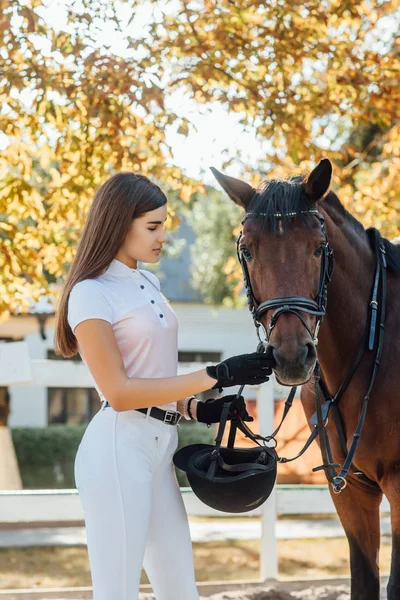 Piloto Feminino Com Cavalo Foco Seletivo — Fotografia de Stock
