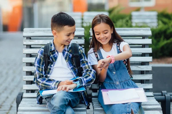 Little Boy Girl Smart Watches Outdoors Selective Focus — 스톡 사진