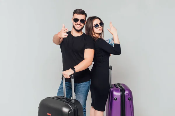 Smiling Newlywed Couple Suitcases Ticket Isolated White Background — 스톡 사진
