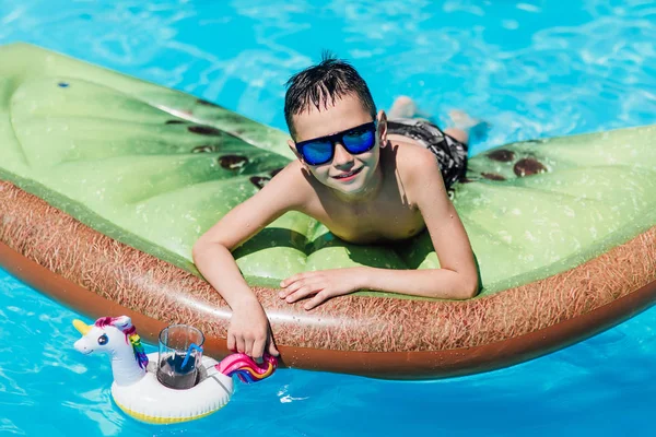 Smiling Little Boy Resting Swimming Pool Selective Focus — 图库照片