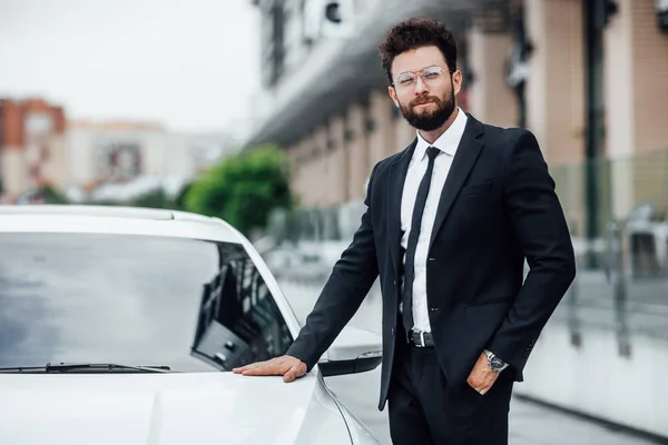 Handsome Young Businessman New White Car Selective Focus — 스톡 사진