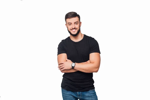 Portret Van Jonge Man Sport Trainer Met Gekruiste Armen Geïsoleerd — Stockfoto