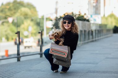 Uzun kıvırcık saçlı, uzun boylu genç bir kadının kucağında küçük bir köpek ve alışveriş poşetleri var. Güzel kız küçük köpeğe sarılıyor. Köpekli kadın. Yorkshire Teriyeri 'yle gülümseyen çekici kadın. Elinde köpek olan bir kız ve satış konsepti..