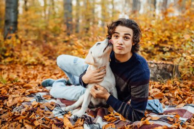 Yakışıklı bir adam ve labradorunun fotoğrafı sonbahar ormanlarında vakit geçirir..