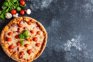 Koyu arkaplanda nefis parlak pizza.
