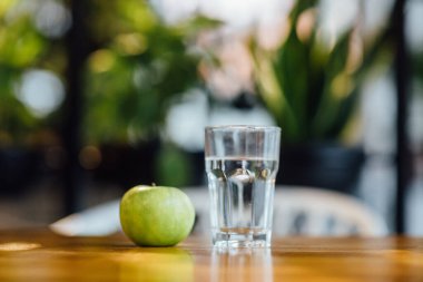 Kapalı fotoğraf, bir bardak su ve mutfak masasında yeşil bir yaprak..