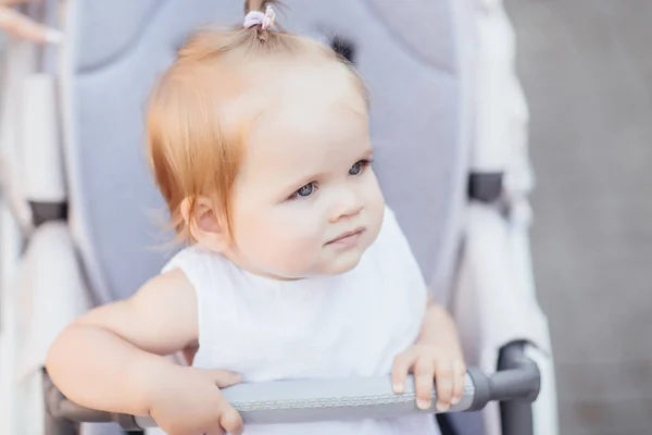 Bebek Arabasında Oturan Küçük Güzel Bir Kız Bebek Arabasıyla Yürüyüşe — Stok fotoğraf
