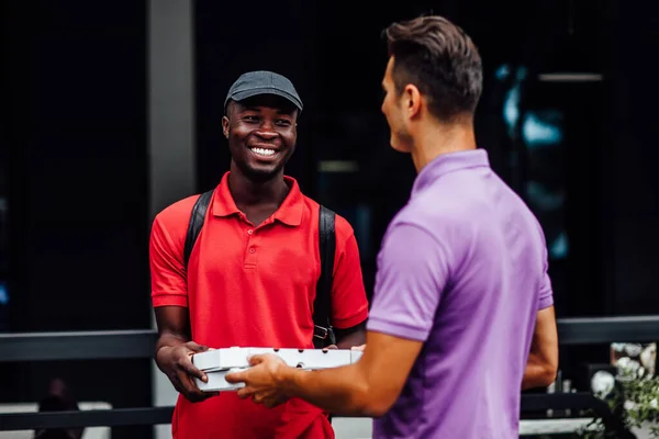 Smiling Man Employee Taking Pizza Box Courier Young African American — Fotografia de Stock