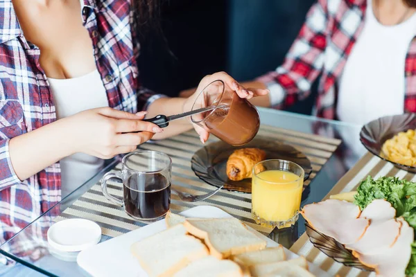 Close Photo Woman Hands Croissant Chocolate Early Morning Breakfast — Stock Photo, Image