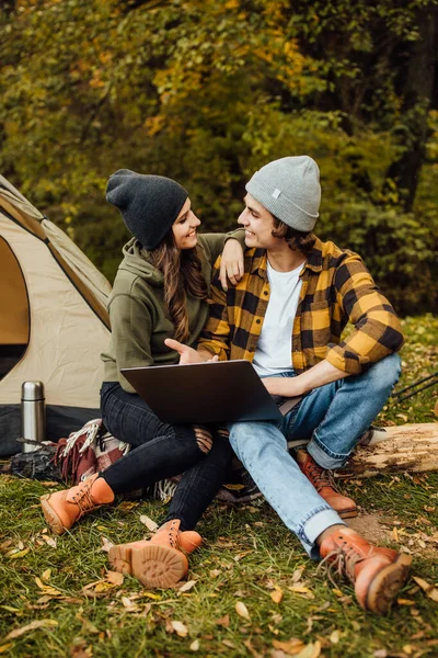 Loving Couple Young Freelancers Watch Film Forest Tent — Stock Photo, Image