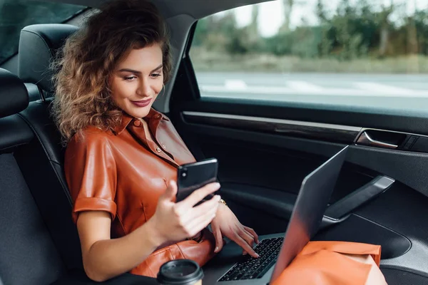 Attractive Businesswoman Working Car Cup Coffee While Going Work — Stock Photo, Image