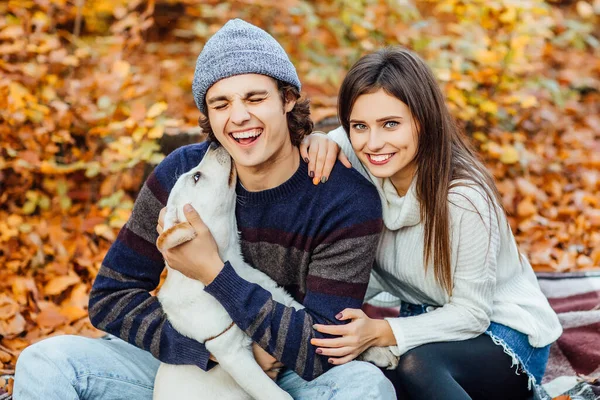 Casal Romântico Com Cão Sentado Fundo Floresta Outono Com Cão — Fotografia de Stock