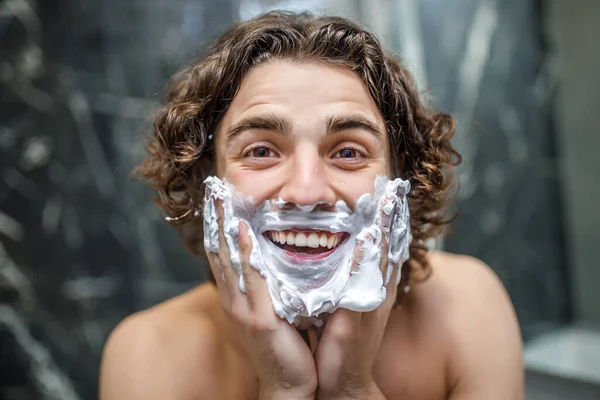 Young Happy Man Shaving Shaving Cream Bathroom Morning Concept — Stock Photo, Image