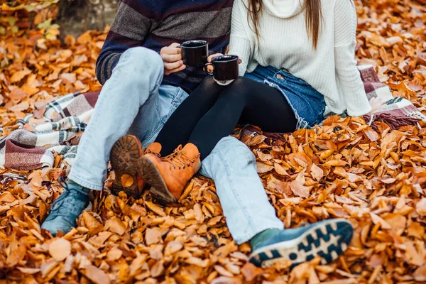 Immagine Ritagliata Picnic Autunnale Coppia Gambe Mani Con — Foto Stock