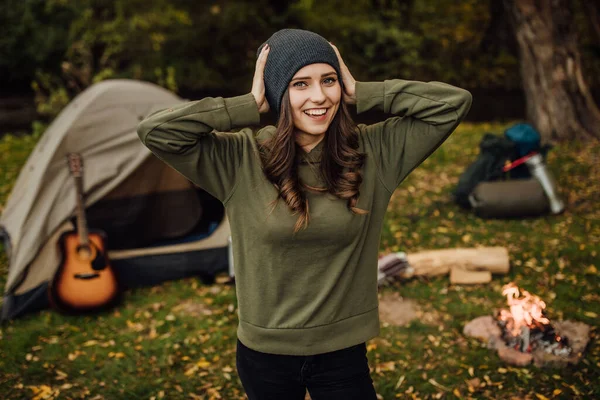 Portrait Young Beautiful Female Tourist Forest Tent Sleeping Bag — Stock Photo, Image