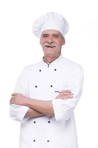 Successful Happy Eldery Chef Crossed Arms Portrait White Background Isolated — Stock Photo, Image